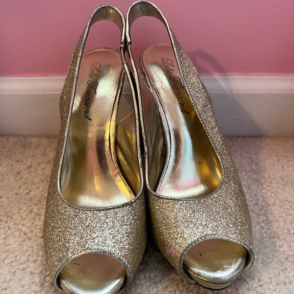 Lulu Townsend Sparkling Gold Slingback Heels